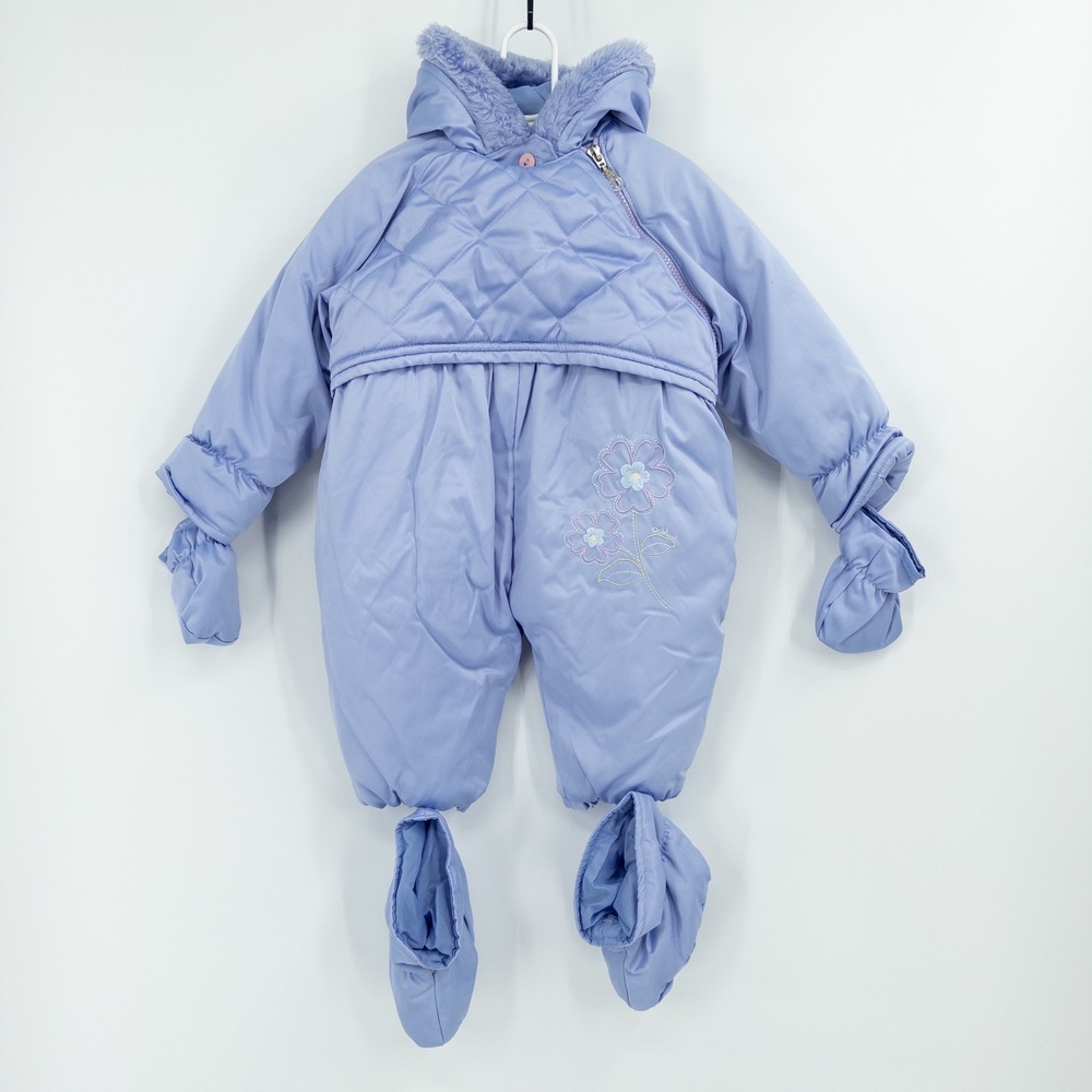 Vintage OshKosh Purple Baby‎ Snowsuit Girls 12M  Floral Embroidery 90s Mittens